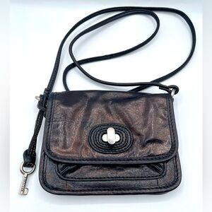 FOSSIL Mini Leather Crossbody Bag  Turn-Lock Closure Metallic or Pewter Finish.